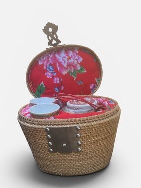 Asian Woven Basket with Chinese Porcelain Teapot and 2 Cups Red Floral Greek key